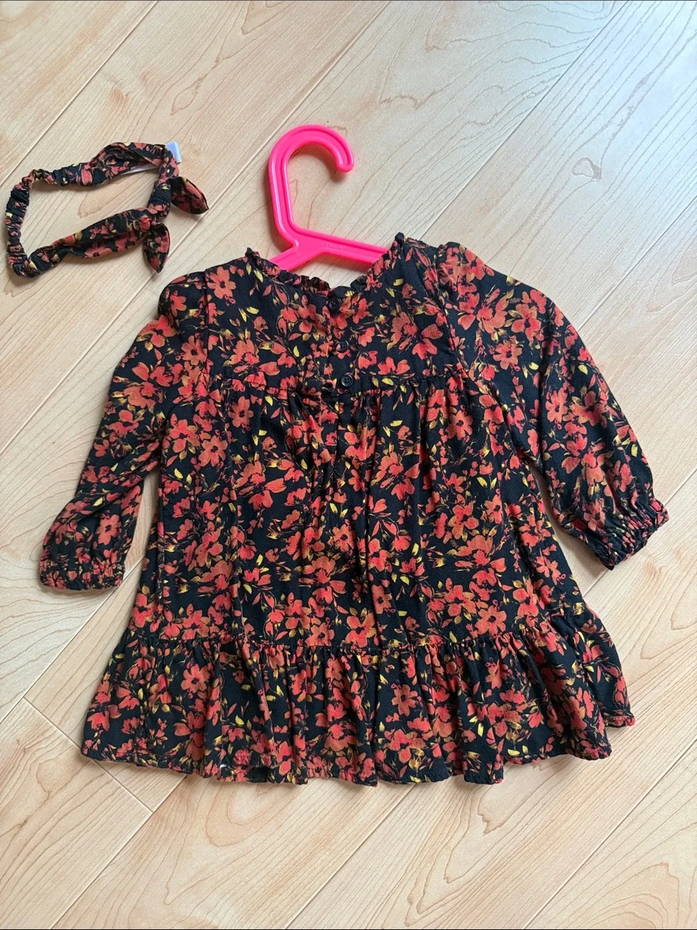 Baby GAP Toddler Girl Black Red Orange Floral Long-Sleeve Dress Sz 18-24M